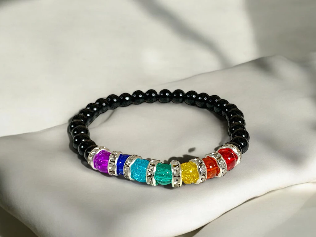 PULSERA 7 CHAKRAS PREMIUM NEGRA CON DONAS STRAS