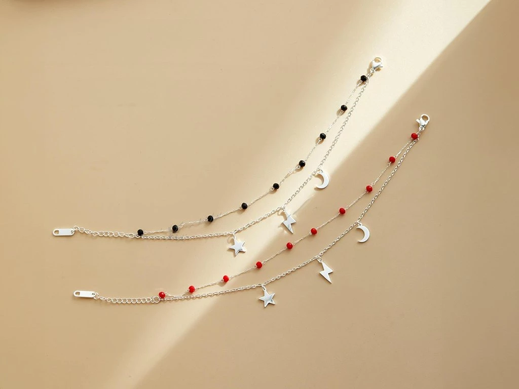 PULSERA ACERO BLANCO DOBLE CON COLORES Y DIJE LUNA/RAYO/ESTRELLA