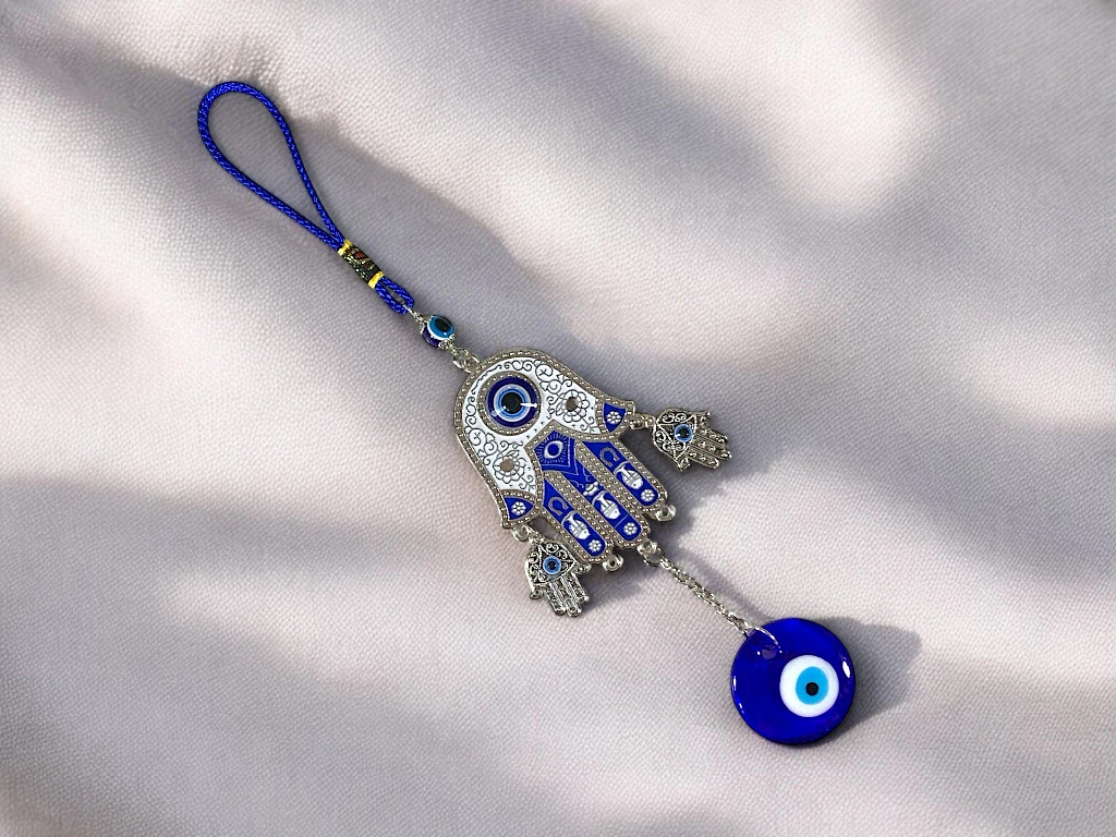 COLGANTE MANO DE FATIMA ESMALTADA C/ OJO TURCO CHICA 20CM