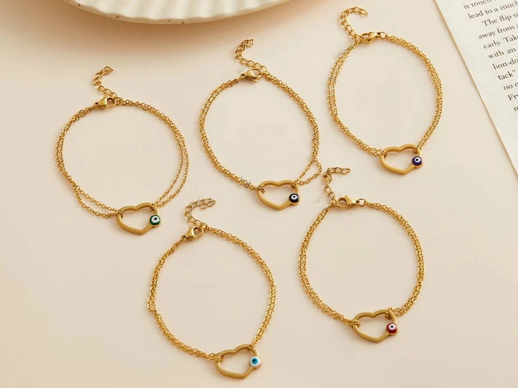 PULSERA ACERO DORADO CORAZON CALADO CON OJITO