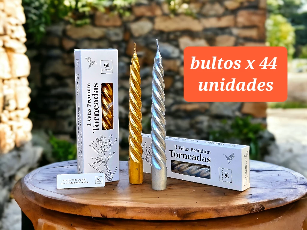 3 VELAS PREMIUM TORNEADAS 20CM ORO/PLATA BULTO X44